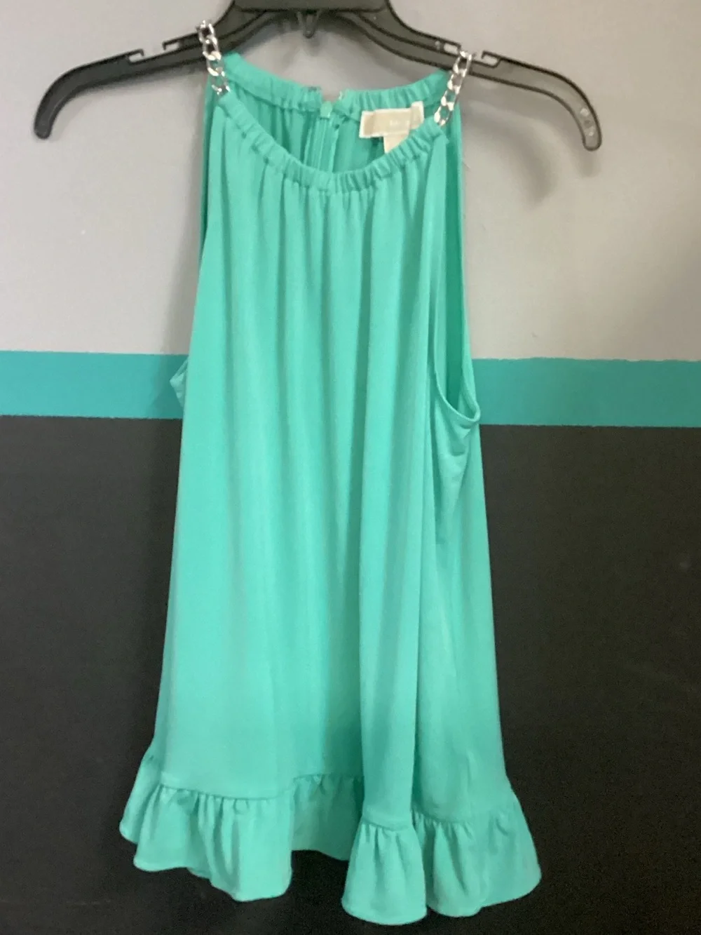 Michael Kors Teal Chain-Shoulder Ruffle Hem Tank